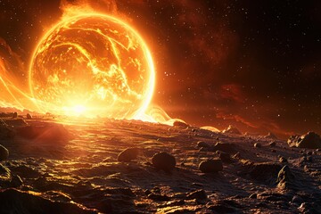 A large angry planet with spreading rays. Orange in color and appears to be on fire. The sky is filled with stars. In the foreground is a rocky, barren landscape.