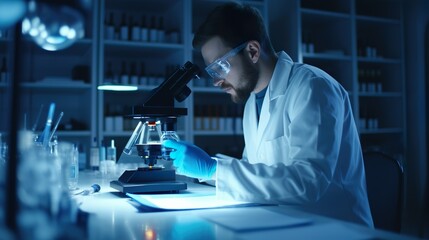 A diligent lab technician in protective gear meticulously studies a sample using a microscope in a dimly lit lab