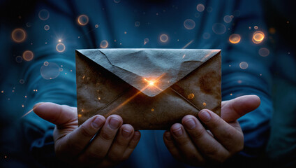 Mystical of hands holding old envelope glowing with magical light amidst dark blue background with sparkling lights.