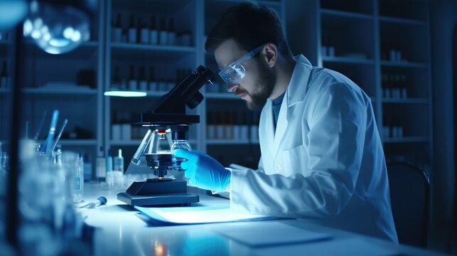 A diligent lab technician in protective gear meticulously studies a sample using a microscope in a dimly lit lab