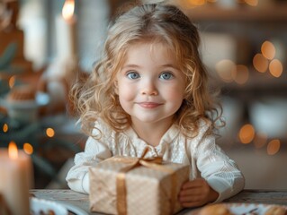 Fototapeta na wymiar A young child with curly hair sitting with a gift box, evoking feelings of anticipation and joy during the holiday season.