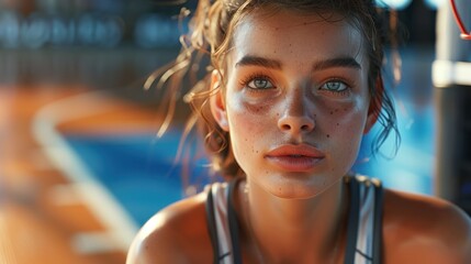 Portrait of determined Caucasian girl basketball player, focus evident on her face. - Powered by Adobe