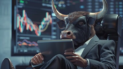 A bull wearing suit sitting on the chair using tablet for trading stock - obrazy, fototapety, plakaty