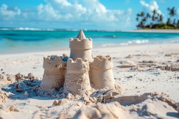 An elaborate sand castle stands on the sandy shore by the waters edge, blending into the natural landscape as a stunning piece of ephemeral art