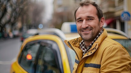 A handsome and attractive smiling taxi driver waiting for a client.