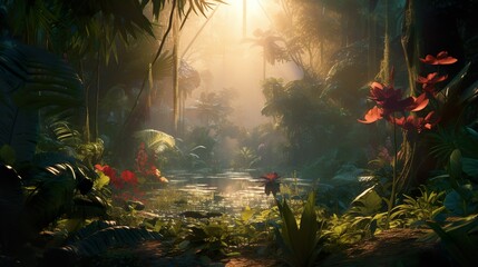 An enchanting digital artwork of sun rays piercing through a dense jungle depicting a scene of natural wonder and exploration