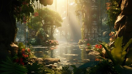 A beautifully rendered river scene in a magical forest setting that captures the imagination and sense of adventure