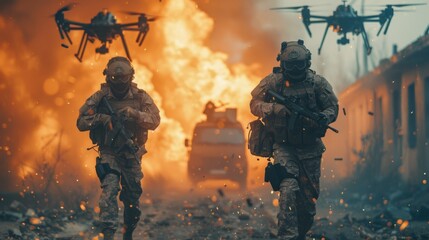 Armed soldiers on the battlefield. Everything explodes and drones fly around. Military actions