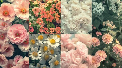 illustration of a collage with a variety of spring flowers, warm colors.