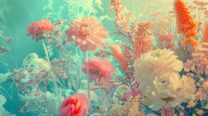 illustration of a collage with a variety of spring flowers, warm colors.