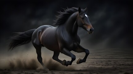 Galloping black horse on dark background .Generative AI