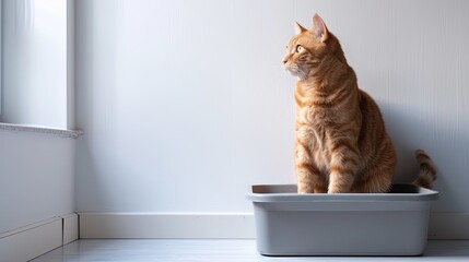 A domestic cat sitting inside the sandbox. - obrazy, fototapety, plakaty