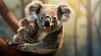 Fototapeta premium This image beautifully captures the tranquility of a mother koala and her baby enjoying the calmness of their natural habitat, a moment of stillness and bonding