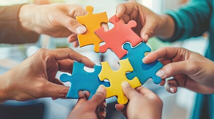 People's hands assembling puzzle pieces, concept of collaboration and sharing ideas.