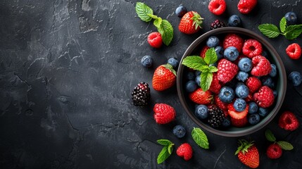 Fototapeta na wymiar A bowl of berries and mint leaves on a dark surface, AI