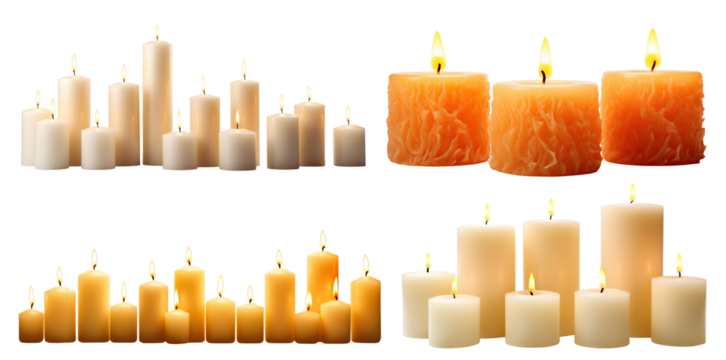Set of pillar candles with flames illuminated, cut out