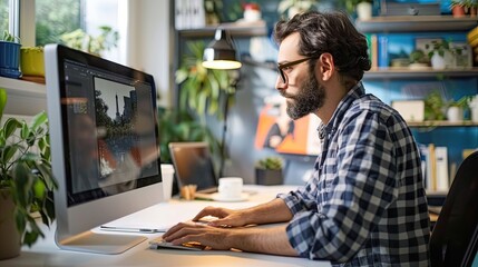 Male graphic designer working with computer at desk in office