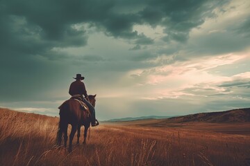 Lone cowboy on horseback under a dramatic stormy sky in a vast open field