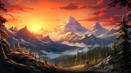 The golden hour brings a warm glow over the forest and mountain landscape, imparting a feeling of calm and solace