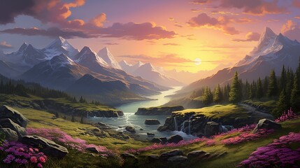 A captivating sunrise infuses light across the mountain river, surrounded by flowers signaling new beginnings and hope