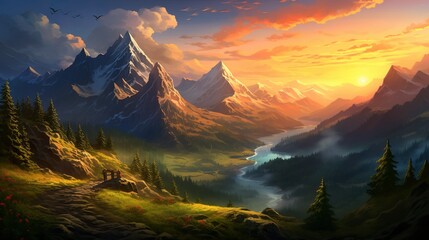 This artwork bathes a sprawling mountain valley and winding river in captivating sunset rays, evoking adventure
