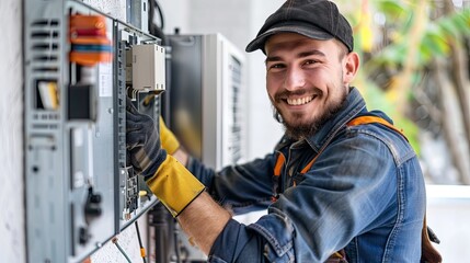 Smiling electrician technician repairing an electrical panel at home.