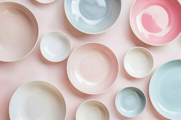 ceramic plates of different sizes on a pink background - obrazy, fototapety, plakaty