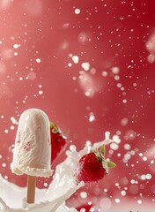 ice cream on a stick on a pink background with strawberries and cream. space for text, advertising
