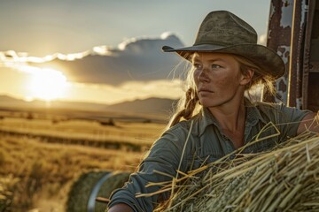 Cowgirl working at sunset in a rural farm setting, capturing the essence of rural life