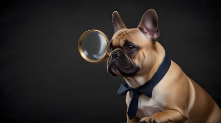 french bulldog dog searching and finding as a spy with magnifying glass .Generative AI