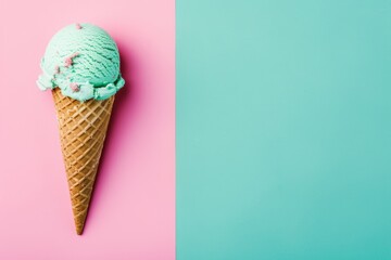 delicious waffle cone with a scoop of mint ice cream.  summer mood concept. Copy space