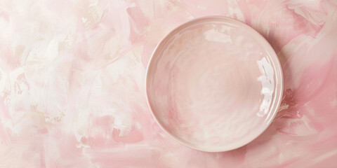 beige texture table surface with empty pink ceramic plate