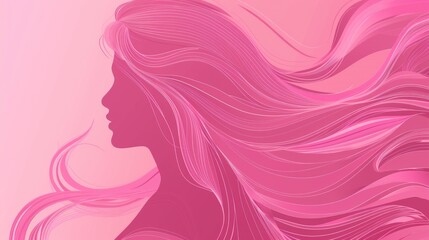 A woman with long flowing pink hair. The background is also pink, the hair and background blend together creating a sense of depth. The profile of a woman is shown, her face partially hidden by hair.