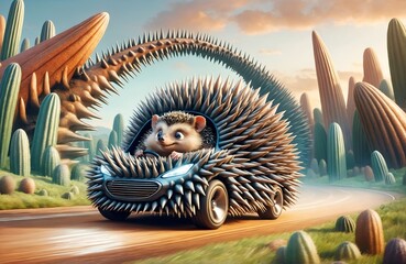 A hedgehog character driving a spiky car