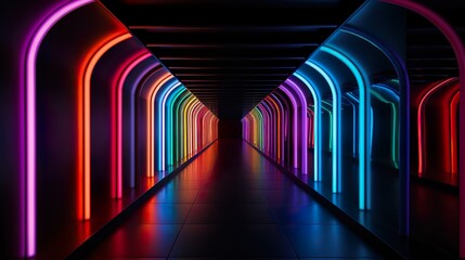 This eye-catching image features a long corridor with arches illuminated by neon lights in a futuristic setting - Powered by Adobe