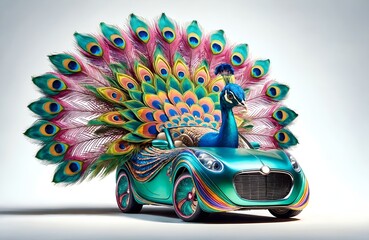 a peacock character driving a car designed like a peacock feather