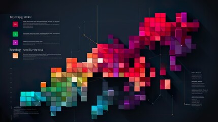 A pixelated cloud of bright colors hosts clear information panels with sample text, combining aesthetics with data presentation