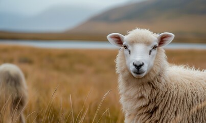 Fototapeta premium Close up sheep on the blurry North landscape. Organic food concept. Wool production. Farm and agriculture concept with copy space. 