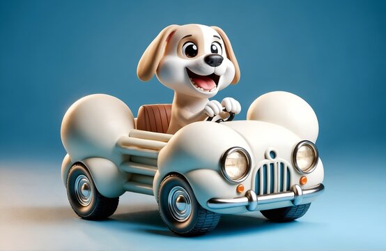 a dog character driving a car designed like a bone