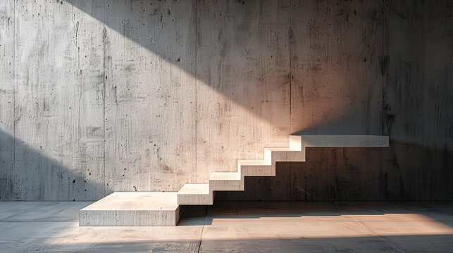 A concrete wall with stairs leading up to it and a light shining on the steps, AI