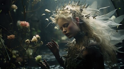 Enigmatic image of a woman in a fantastical floral headdress, surrounded by a lush, natural setting suggesting magic and mystery