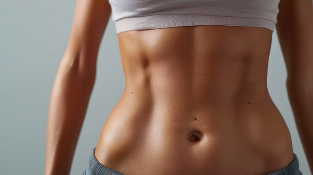 Toned belly of a woman in a white T-shirt fitness as a lifestyle.