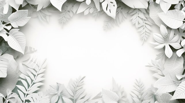 A minimalist design of lush foliage in greyscale creating a calming natural white frame space