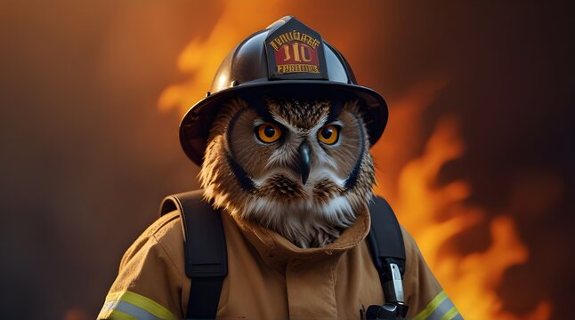 Firefighter Owl on fire Background .Generative AI