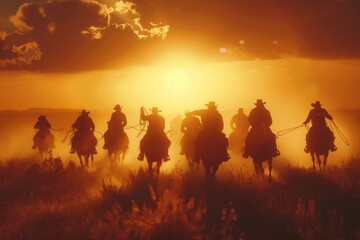 Silhouettes of cowboys riding horses at sunset in the Western plains