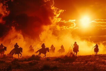 Dramatic western scene with cowboys riding horses at sunset under a fiery sky