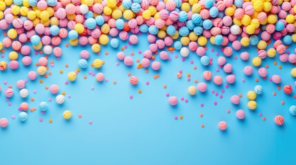 vertical banner, international children's Day, lots of round candies on top on a blue background, treats for children, copy space, free space for text