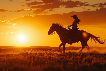 Silhouette of a cowgirl riding a horse at sunset across golden fields