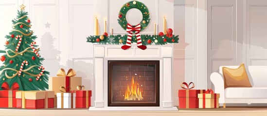 The image captures a warm and inviting fireplace adorned with wrapped presents and a beautifully decorated Christmas tree nearby.