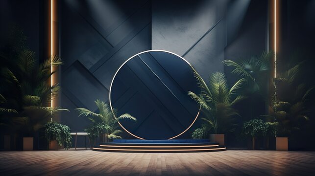 A stylish modern interior featuring a raised circular stage with backlighting surrounded by lush greenery and elegant wall panels